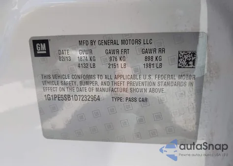 2013 Chevrolet Cruze 2Lt Auto из США, поврежденный, VIN 1G1PE5SB1D7232964